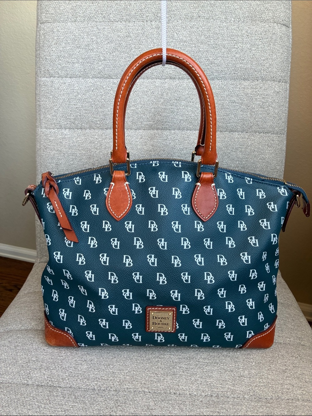 Dooney & Bourke Large Signature Monogram Zip Satchel Navy Blue & White Leather